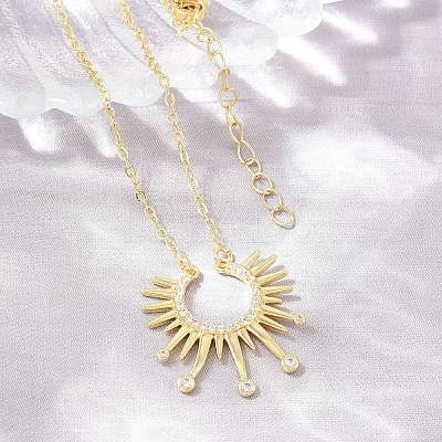 Brass Micro Pave Clear Cubic Zirconia Sun Pendant Necklaces KK-CBA4547-09G-1