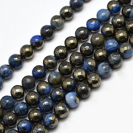 Electroplate Gemstone Natural Pyrite Round Beads Strands G-L129-8mm-01-1