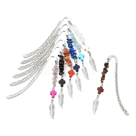 7Pcs 7 Styles Cross Dyed Synthetic Turquoise & Alloy Feather Charm Bookmarks AJEW-JK00350-1