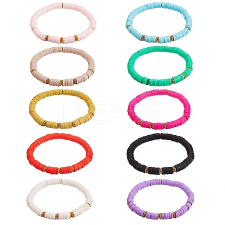 10Pcs 10 Colors Polymer Clay Heishi Beaded Stretch Bracelets BJEW-PH01445-1