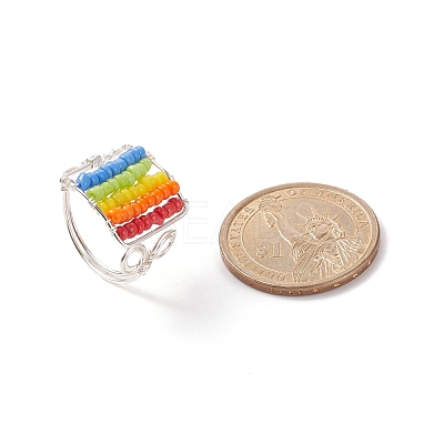 Glass Bead Braided Rectangle Open Cuff Ring RJEW-JR00489-1