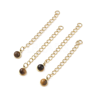 Ion Plating(IP) 316 Surgical Stainless Steel Curb Chain Extender with Natural  Tiger Eye Round Charm STAS-A097-01G-01-1