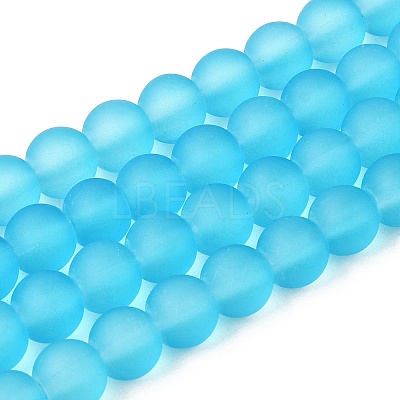 Baking Paint Deep Sky Blue Frosted Round Transparent Glass Bead Strands X-GLAA-S031-6mm-37-1