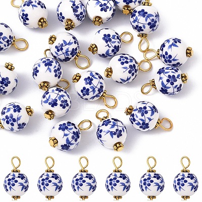 20Pcs Blue & White Floral Printed Porcelain Pendants PALLOY-YW00112-02-1