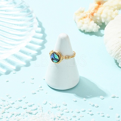 Copper Wired Natural Abalone Shell/Paua Shell Finger Rings for Women RJEW-JR01055-1