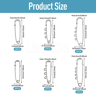 6 Styles 304 Stainless Steel Safety Pins Brooch Findings STAS-TA0006-12P-1