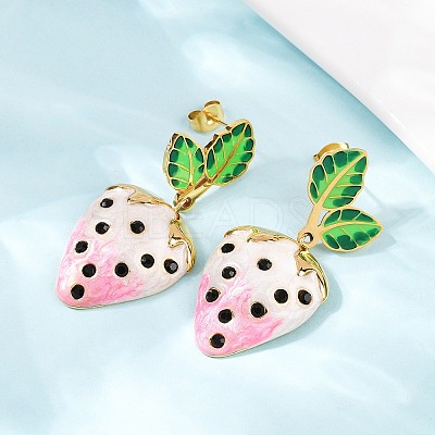 304 Stainless Steel Enamel Strawberry Dangle Stud Earrings LS-EJEW-A138-10G-02-1