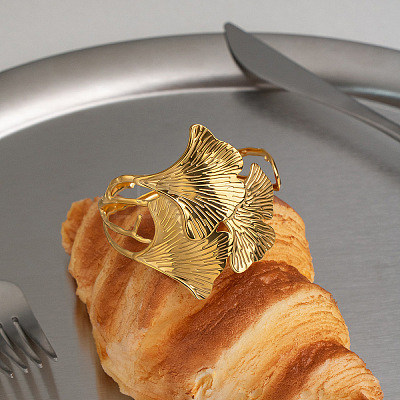 304 Stainless Steel Vintage Leaf Open Cuff Bangles for Women EU1082-1
