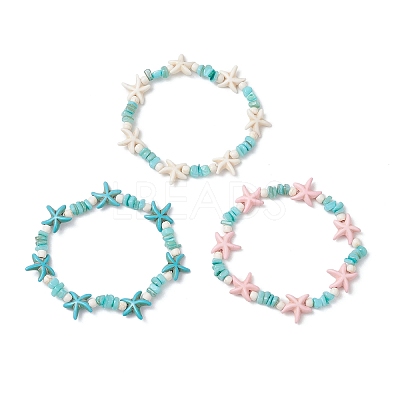 3Pcs 3 Colors Synthetic Turquoise & Natural Freshwater Shell Beads Stretch Bracelets for Women BJEW-JB12537-1