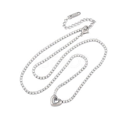 304 Stainless Steel Clear Cubic Zirconia Heart Pendant Necklaces for Women NJEW-Z044-15P-02-1