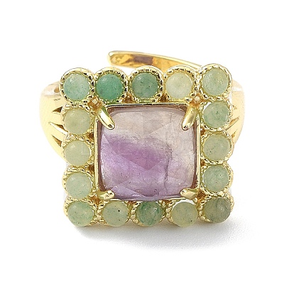 Natural Amethyst & Green Aventurine Rectangle Adjustable Ring RJEW-B030-01A-10-1