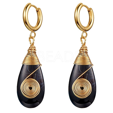 Natural Black Agate Teardrop with Spiral Dangle Hoop Earrings EJEW-SW00011-20-1