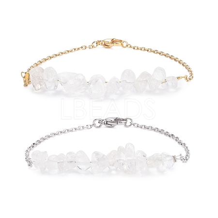 2Pcs 2 Color Natural Quartz Crystal Chip Beaded Link Bracelets Set with 304 Stainless Steel Cable Chains BJEW-JB07914-05-1