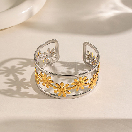 304 Stainless Steel Vintage Daisy Flower Hollow Open Cuff Bangles for Women HL3157-2-1