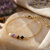 Faceted Round Natural Black Onyx(Dyed & Heated) & Tiger Eye & Amethyst & Shell Beaded Bracelets with Stainless Steel Cable Chains NW1316-3