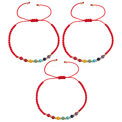 3Pcs Adjustable Chakra Natural & Synthetic Mixed Stone Round Bead Braided Bracelet Sets ZZ4943-1-1
