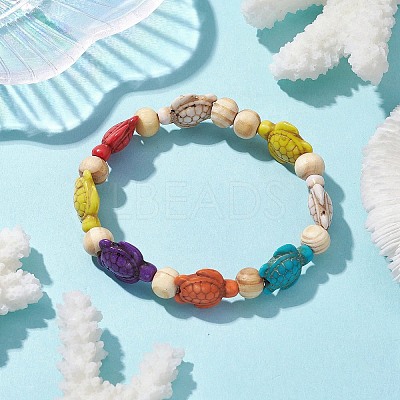 Beach Turtle Dye Synthetic Turquoise Beaded Stretch Barcelets BJEW-JB10296-01-1