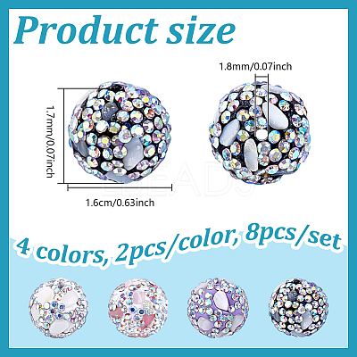 8Pcs 4 Colors Polymer Clay Rhinestone Beads RGLA-UN0001-01-1