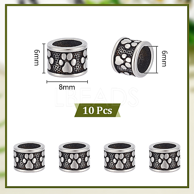 10Pcs Column with Paw Print 304 Stainless Steel European Beads STAS-UN0060-10-1