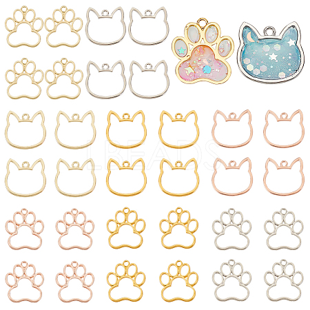 Olycraft 32Pcs 8 Styles Cat Head Paw Print Alloy Open Back Bezel Charms PALLOY-OC0002-99-1