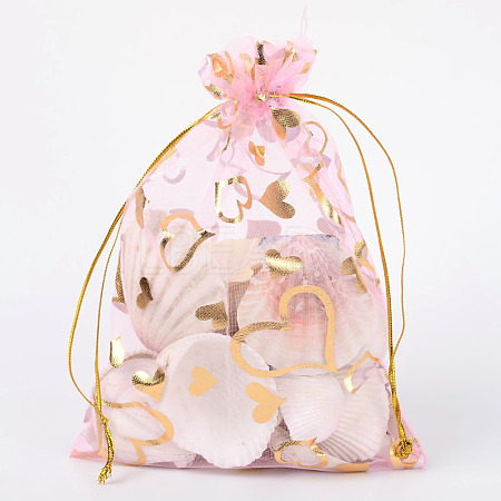   100Pcs Gold Stamping Heart Organza Gift Bags OP-PH0001-37B-1