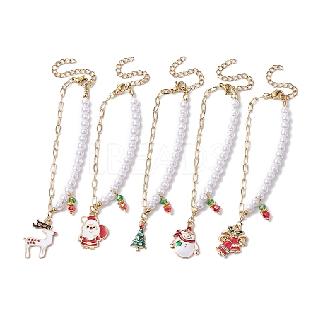 5Pcs 5 Styles Christmas Acrylic Imitated Pearl & Paperclip Chain Bracelets BJEW-JB10383-1