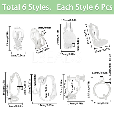 36Pcs 6 Styles Brass Clip-on Earring Converters Findings KK-SC0004-73-1