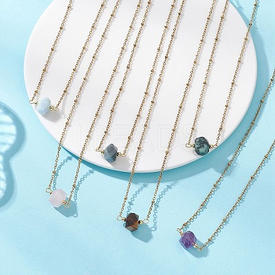 Natural Mixed Stone Faceted Nuggets Pendant 304 Stainless Steel Satellite Chain Necklaces NJEW-JN06025-1