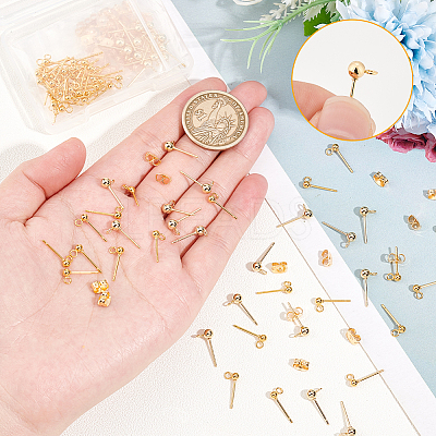 60pcs 2 size Brass Ball Stud Earring Post KK-PH0009-30-1