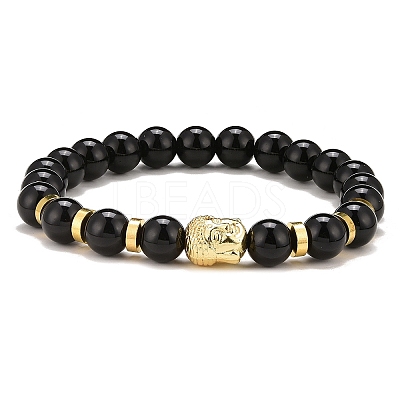 Synthetic Black Stone & Alloy Buddha Head Beaded Strech Bracelets BJEW-JB09420-02-1