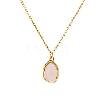 Natural Rose Quartz Irregular Oval Pendant 304 Stainless Steel Cable Chain Necklaces for Women FS-WGF500E-02-1