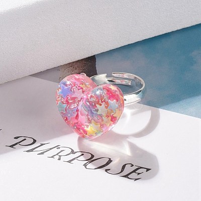 3D Resin Heart with Star Adjustable Ring RJEW-JR00457-1