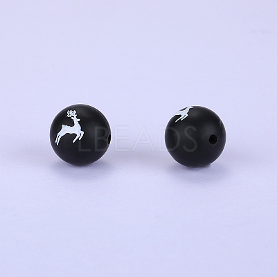 Printed Round with Deer Pattern Silicone Focal Beads SI-JX0056A-130-1