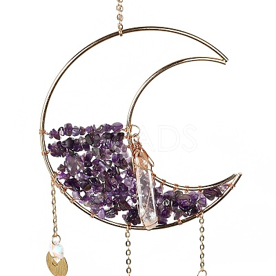 Natural Amethyst Chips Beaded Moon Hanging Sun Catchers HJEW-M004-02-1