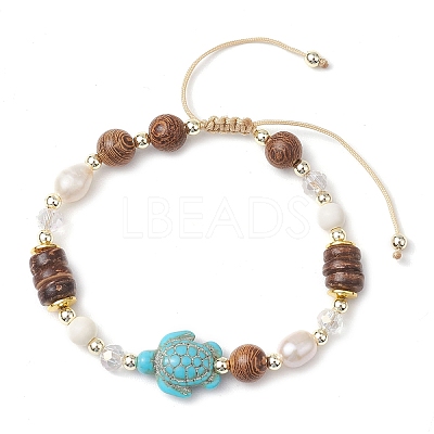 Adjustable Dyed Synthetic Turquoise & Coconut & Wood & Pearl Braided Bead Bracelets BJEW-JB10723-02-1