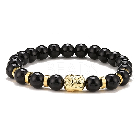 Synthetic Black Stone & Alloy Buddha Head Beaded Strech Bracelets BJEW-JB09420-02-1