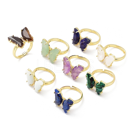 Natural & Synthetic Mixed Gemstone Butterfly Adjustable Rings RJEW-K246-01G-1