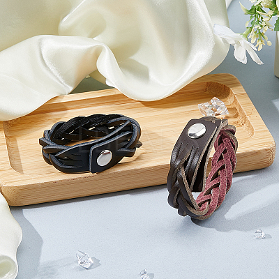 2Pcs 2 Colors Braided Cowhide Cord Bracelets BJEW-FH0001-18-1