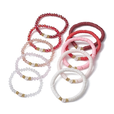 10Pcs Polymer Clay Disc & Glass & Brass Beaded Stretch Bracelets Set BJEW-JB09676-02-1