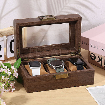 3-Slot Wood Covered with PU Leather Watch Storage Boxes with Glass Visible Window Hinged Lids and Lint Pillows Inside CON-WH0113-10B-1