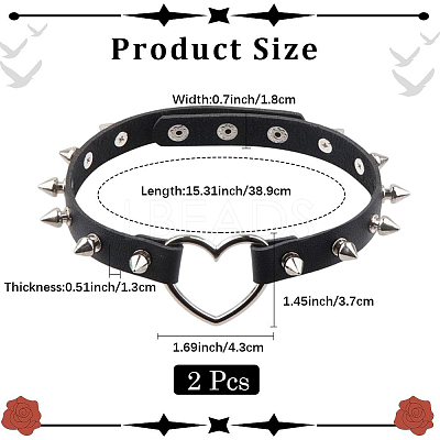 2Pcs Adjustable Gothic PU Leather Alloy Heart Spike Rivet Heart Choker Necklaces for Women NJEW-CL0001-17A-1