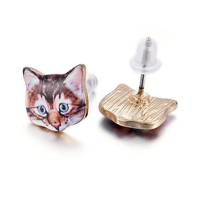 Real 14K Gold Plated Alloy Kitten Stud Earrings EJEW-G148-01G-01-1