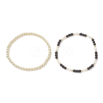 2Pcs Natural Obsidian & Shell Pearl & Non-magnetic Synthetic Hematite Beaded Stretch Bracelets for Women BJEW-JB12938-01-1