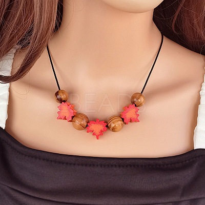 Wooden Round and Maple Leaf Beaded Necklaces with Black Imitation Leather Cord WGC6511-01-1