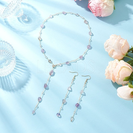Handmade Natural Amethyst Beaded Chains Earring & Necklaces Sets SJEW-JS01342-02-1