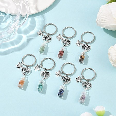 7Pcs 7 Styles Glass Bottle with Chakra Gemstone Chip Inside Keychains KEYC-JKC01393-02-1