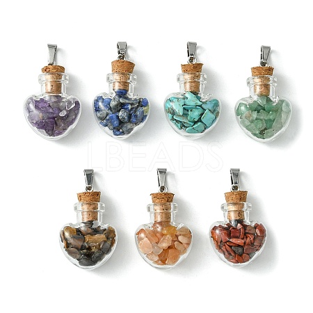 7Pcs 7 Styles Natural & Synthetic Mixed Stone Chip Heart Glass Wishing Bottle Pendants PALLOY-JF02502-1