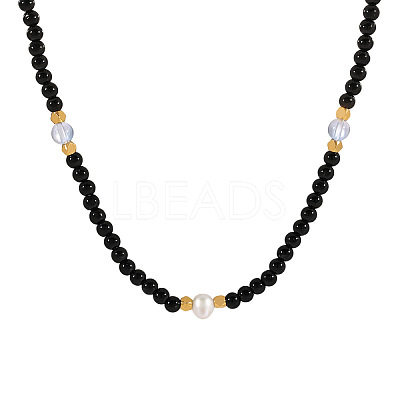 Elegant Round Natural Black Onyx(Dyed & Heated) & Glass & Freshwater Pearl Beaded Necklaces WB9753-1