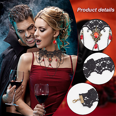 Resin Oval Pendant Dangle Earrings and Lace Choker Necklaces AJEW-PH0004-17-1