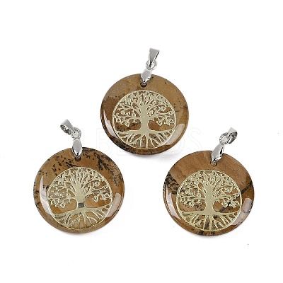 Natural Picture Jasper Flat Round Pendants G-Q188-01P-11-1